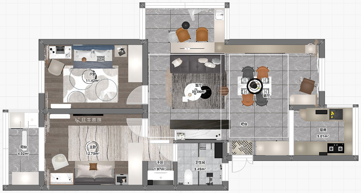 孟宪涛｜武定新村5-5-310-90㎡-现代简约风格｜2室2厅1卫｜老房装修｜定制家｜全包14万｜00_03平面彩图